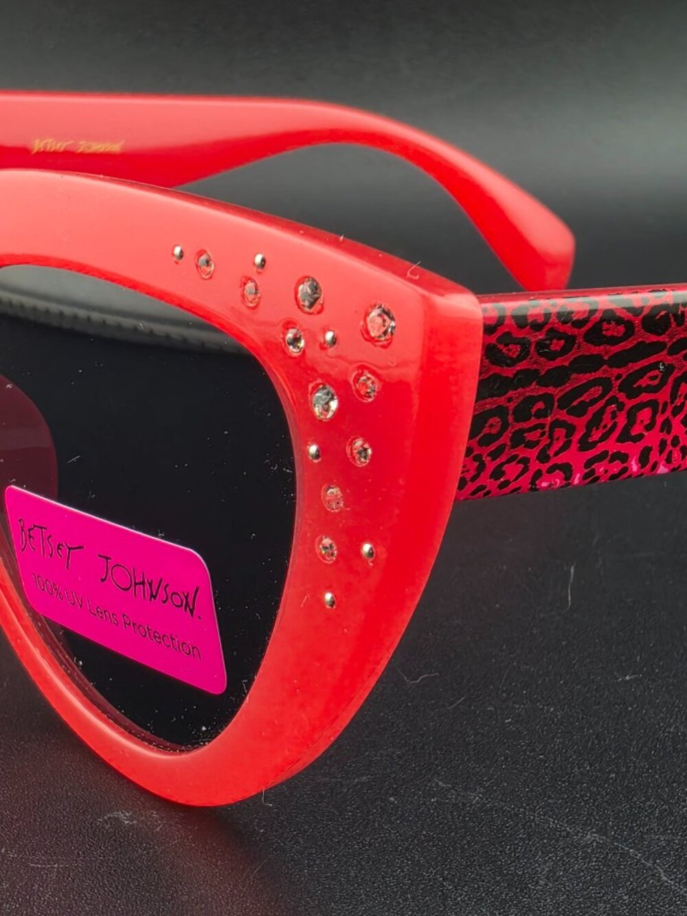 Betsy Johnson Red Leopard Print Rhinestone Cat Eye Sunglasses